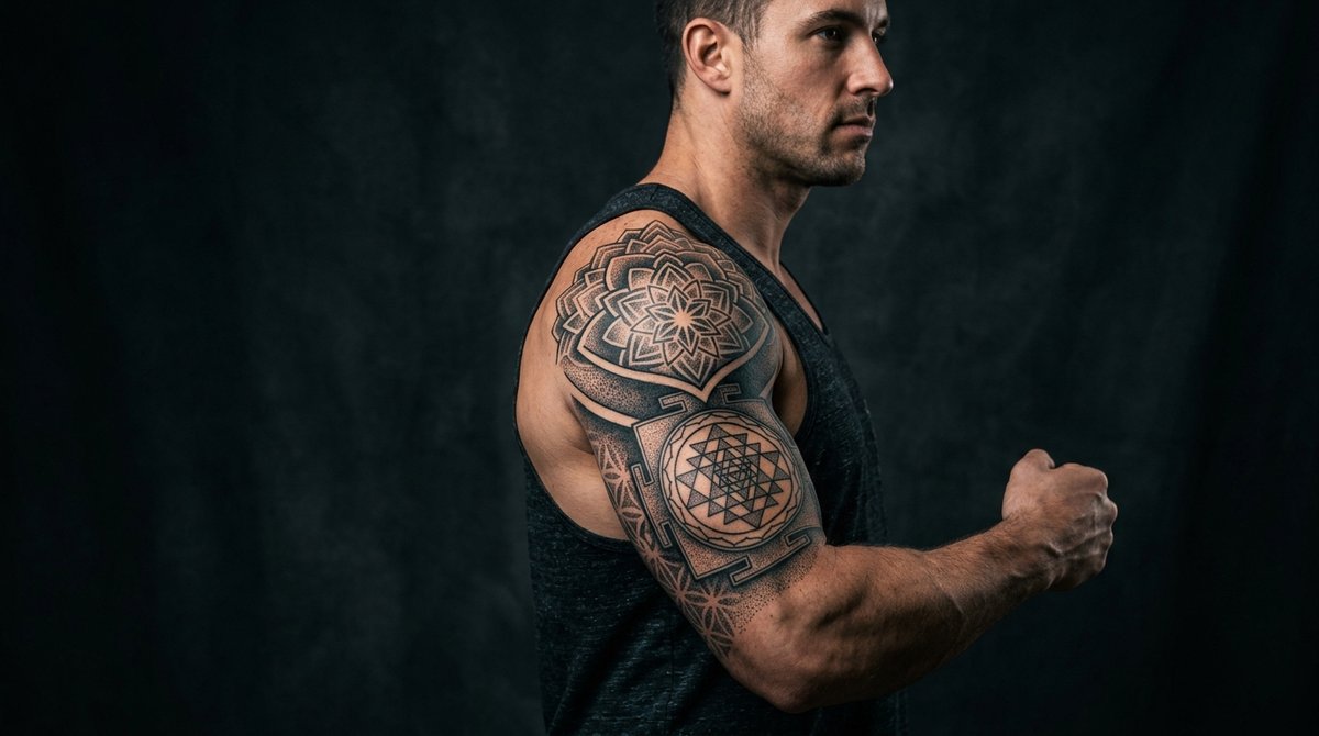 Bold blackwork tattoo sleeve with sacred geometry and mandala patterns
