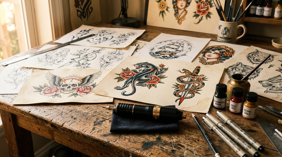 Tattoo artist workbench with hand-drawn traditional flash sheets and rotary machine